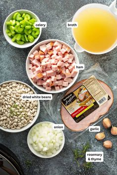 ingredients to make ham and bean soup laid out in bowls on a gray surface with text overlay