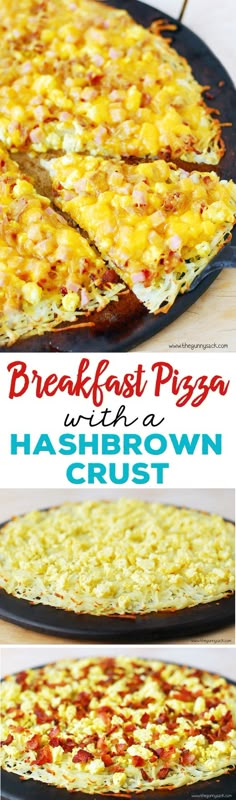 breakfast pizza with hashbrown crust is shown in three different pictures and has been cut into slices