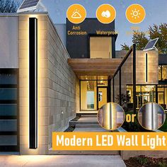 the modern led wall light is on display in front of a house with its lights on