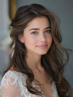 a woman with long brown hair wearing a white dress and looking at the camera while smiling