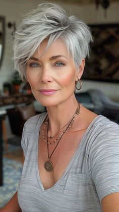 Beautiful Grey Hair, Pixie Grey Haircut, Short Choppy Hairstyle Women Round Face, Short Grey Hair Styles For Women, Short Hairstyle Women Round Face Pixie, Choppy Bob Hairstyles For Fine Hair Mid Length Medium Layered, Stacked Pixie Haircut Back View, Gray Pixie Haircut Over 50, Silver Pixie Haircut