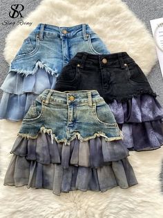 Over Consumption Fashion, Custom Jeans Ideas, Aesthetic Bottoms, Jeans Into Skirt, Denim Upcycle, Punk Jeans, Patchwork Denim Skirt, Skirt With Ruffles, Jean Skirts