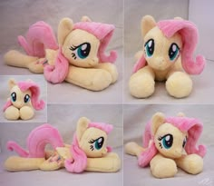 four pictures of a stuffed pony with pink hair and blue eyes, laying on the ground