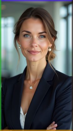 a woman with her arms crossed wearing a black suit and smiling at the camera while standing in an office building