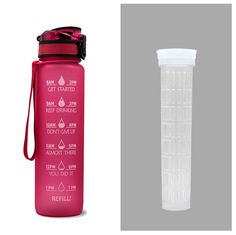 a pink water bottle next to a plastic cup with the instructions for how to use it