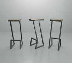 three metal and wood stools sitting side by side on a gray floor with white walls in the background