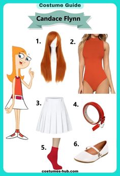 costume guide for an anime character with red hair and orange bodysuit, white skirt