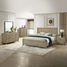 a bedroom scene with focus on the bed and dressers