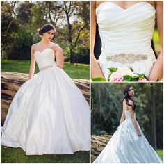 three different pictures of a woman in a wedding dress