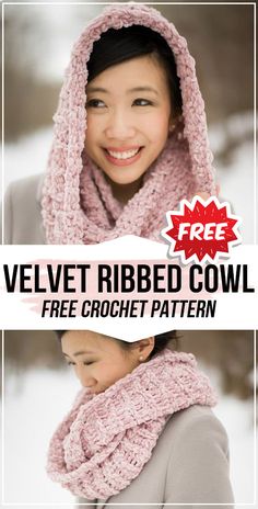 a woman wearing a crochet cowl with the text, velvet ribbed cowl free crochet pattern