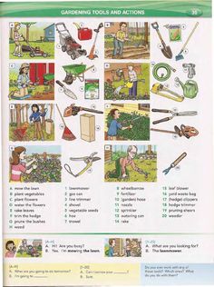 an illustrated book with pictures of gardening tools and people working in the garden, including lawn mowers