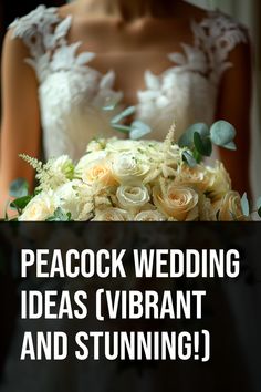 a bride holding her bouquet with the words peacock wedding ideas vvibrant and stunning