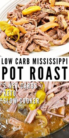 slow carb mississippipiin pot roast recipe in a skillet with text overlay