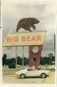 a car is parked in front of a big bear sign with a bear on top