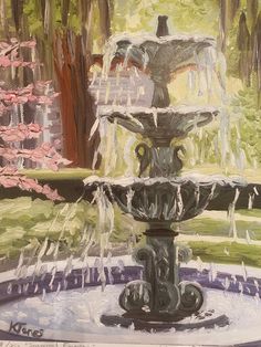 a painting of a fountain in a park