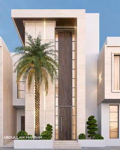 a palm tree is in front of a modern building with wooden doors and windows on both sides