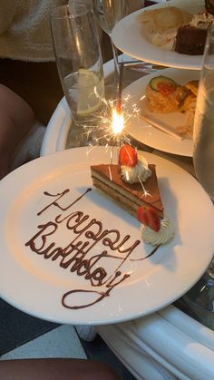 a piece of cake on a white plate with a lit candle in the middle that says happy birthday