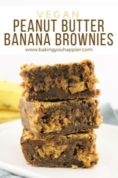 vegan peanut butter banana brownies stacked on top of each other