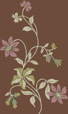 a brown background with pink and green flowers on it