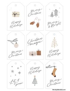 christmas gift tags with the words merry and stockings on them, all in different styles