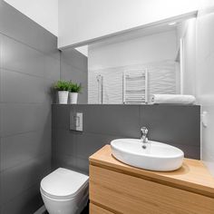 a white toilet sitting next to a bathroom sink under a mirror above a wooden counter