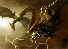 a dragon flying through the air with lightning