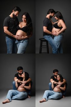 a couple cuddles while posing for their newborn photos