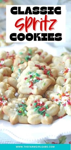 a plate full of cookies with sprinkles on top and the words classic spirit cookies above it