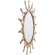 a mirror that is made out of wood and has branches on the front, along with a white background