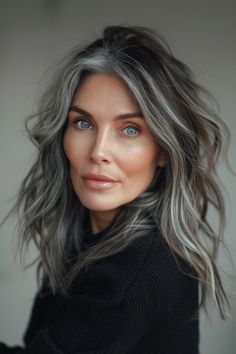 Hair Color That Blends Well With Gray, Balayage With Grey Hair, Ash Brown Hair Makeup, Grey Hair With White Highlights, Asian Grey Hair Balayage, Long Salt And Pepper Hair Over 50, Growing Out Blonde Hair Roots Natural, Turning Grey Hair Aging Gracefully, Gray Hair Makeup Looks