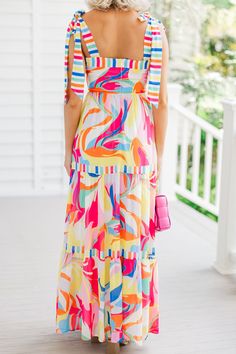 At this point, if you are looking at anything else for summer event, then you are doing it wrong! This maxi dress is so bright and bold! We love the tiered body, square neckline, and those adjustable straps are perfection! This fun abstract maxi dress is going to look fabulous this summer! Square neckline Adjustable tied straps Colorful abstract print No stretch Payton is wearing the small. Tiki Dress, Mint Julep Boutique, Summer Events, Fashion Colours, Summer Wear, Sundress, Trendy Fashion, Dress Skirt, Nice Dresses