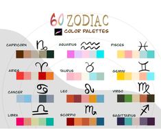 the zodiac symbols and their meanings are shown in this graphic style, with different colors to choose from