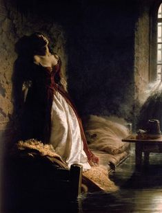 a painting of a woman in a white and red dress standing next to a bed