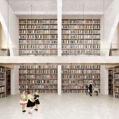 two children playing in the middle of a library with bookshelves full of books