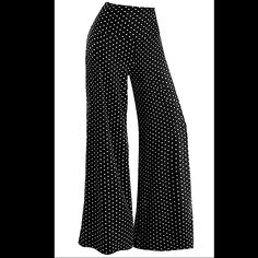 Womens Size Small Black And White Polk-A-Dot Fun Patterned Wide Leg Pants. Stretchy And Form Fitting In Waist, Hips And Top Of Legs With Wide Legs At The Bottom For A Bit Of A Flare Look. Very Comfortable And Breathable Material. Full Stretch Waist Band - No Buttons Zippers Or Closures For Extreme Comfort And Ease. Can Easily Be Dressed Up With Heels Or Casual With Sandals. New With Tags Perfect Clean Condition. Size Small In Womens. Elegant Polka Dot Bottoms For Workwear, Elegant Polka Dot Bottoms For Work, Chic Polka Dot Fitted Pants, Chic High Waist Polka Dot Bottoms, Fitted Polka Dot Chic Pants, Chic Fitted Polka Dot Pants, Chic Polka Dot Wide Leg Pants, Chic Polka Dot Long Pants, Chic Wide Leg Polka Dot Pants