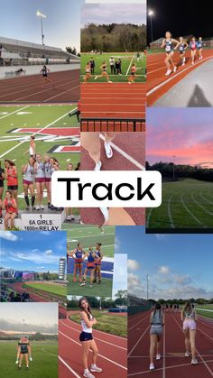 a collage of photos with the words track written in different languages and pictures of people running