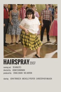 the poster for hairspray shows a woman in plaid skirt and white shirt dancing