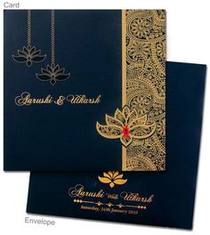 two blue and gold wedding cards