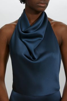 Bias draped high cowl neck halter gown. Shown in French Blue. It is possible to have this style Made to Order in any of our standard Fluid Satin colors, please reach out to customerservice@amsale.com to place an order. High Neck Cowl Dress, High Cowl Neck Top, Halter Cowl Neck Dress, Cowl Halter Neck Dress, Cowl Neck Dress Outfit, Cowl Draping, Drape Fashion, Cowl Drape Dress, Cowl Neck Pattern