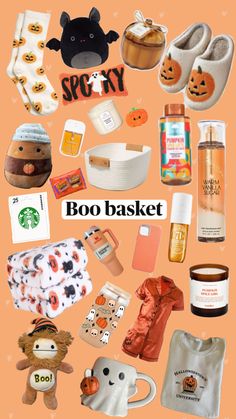 various items are arranged in the shape of a collage with text that reads boo basket