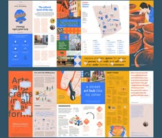 an assortment of brochures are shown in different colors and sizes, including blue, yellow, orange, and white