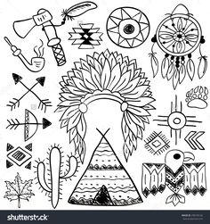 native american symbols are shown in this black and white drawing, which is part of a coloring book page