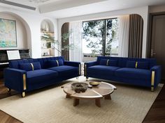 a living room with two blue couches and a piano