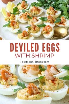 deviled eggs with shrimp and garnish on a white plate next to an egg shell