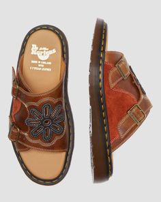 Dayne Made in England Leather & Suede Applique Slides in Conker Brown | Dr. Martens Doc Marten Slides, Earthy Shoes, Doc Martens Summer, Brown Dr Martens, Dr Martens Sandals, Hippie Shoes, Earthy Outfits, Shoe Wishlist, Funky Shoes