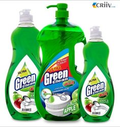 three bottles of green apple dish wash and detergent on a white background with clippings