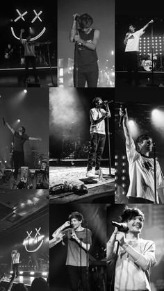 black and white photos of people on stage with microphones in their hands, singing