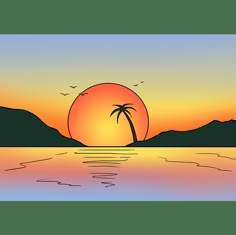 the sun is setting over the water and palm trees are silhouetted in the background