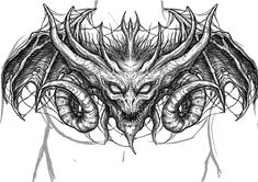 a black and white drawing of a demon with horns on it's head,