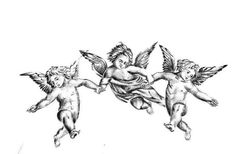 three cherubs flying in the air with their wings spread out, and one is holding